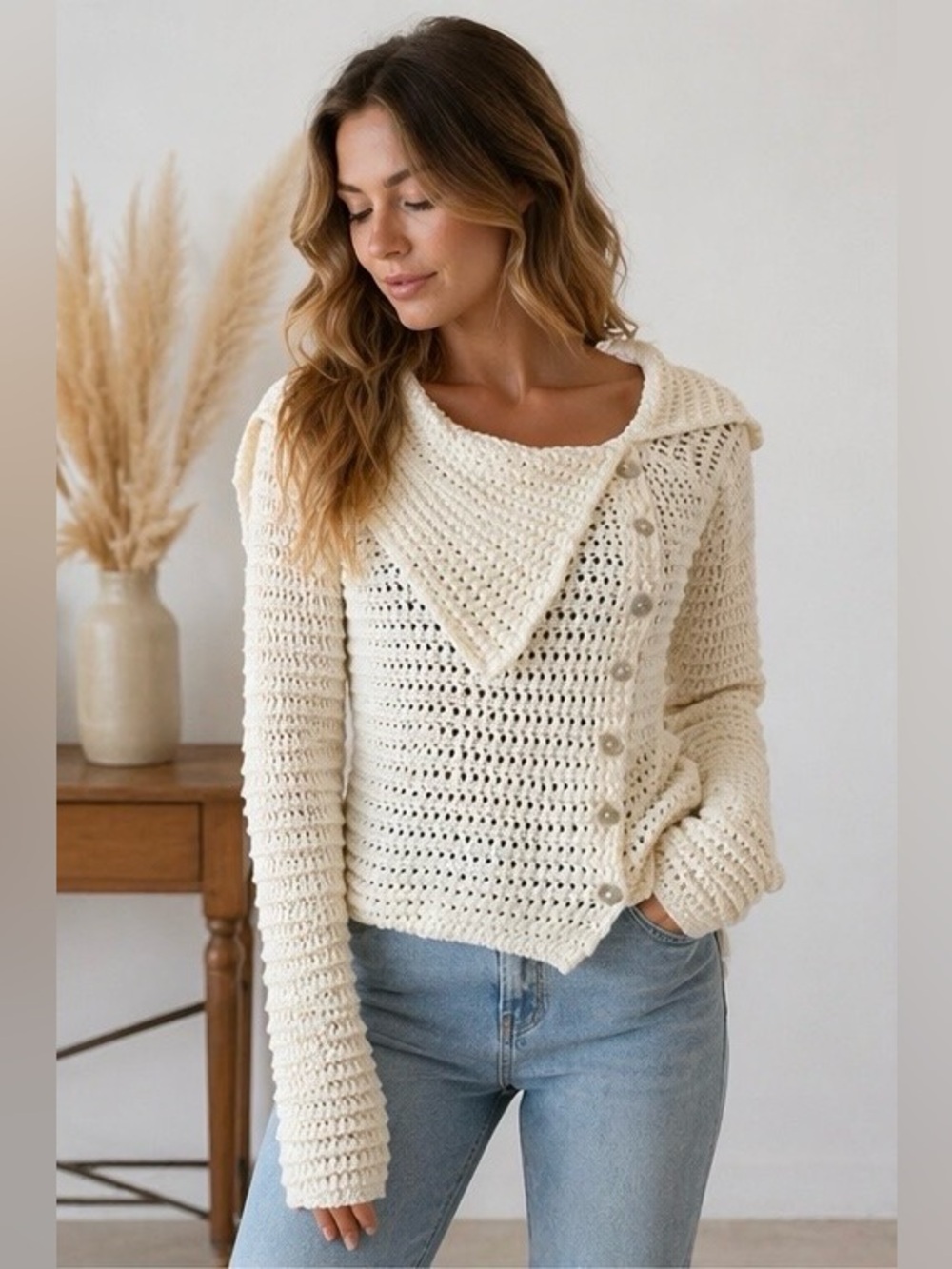 NWT Cream Crochet Cardigan Asymmetrical Button Pointelle Sweater Medium Coastal